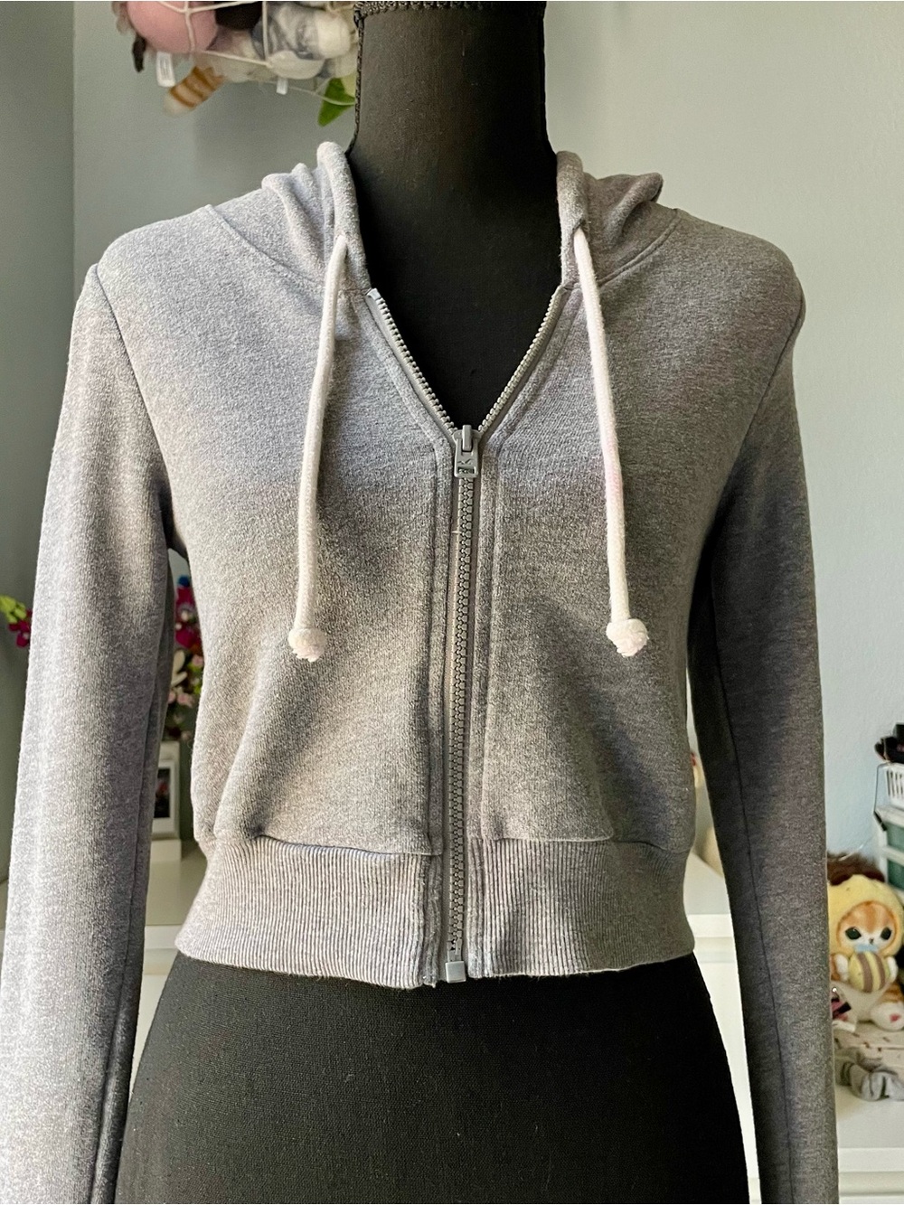 Hollister Grey Drawstring Cropped Zip-Up Hoodie Sweatshirt Women's Size XS